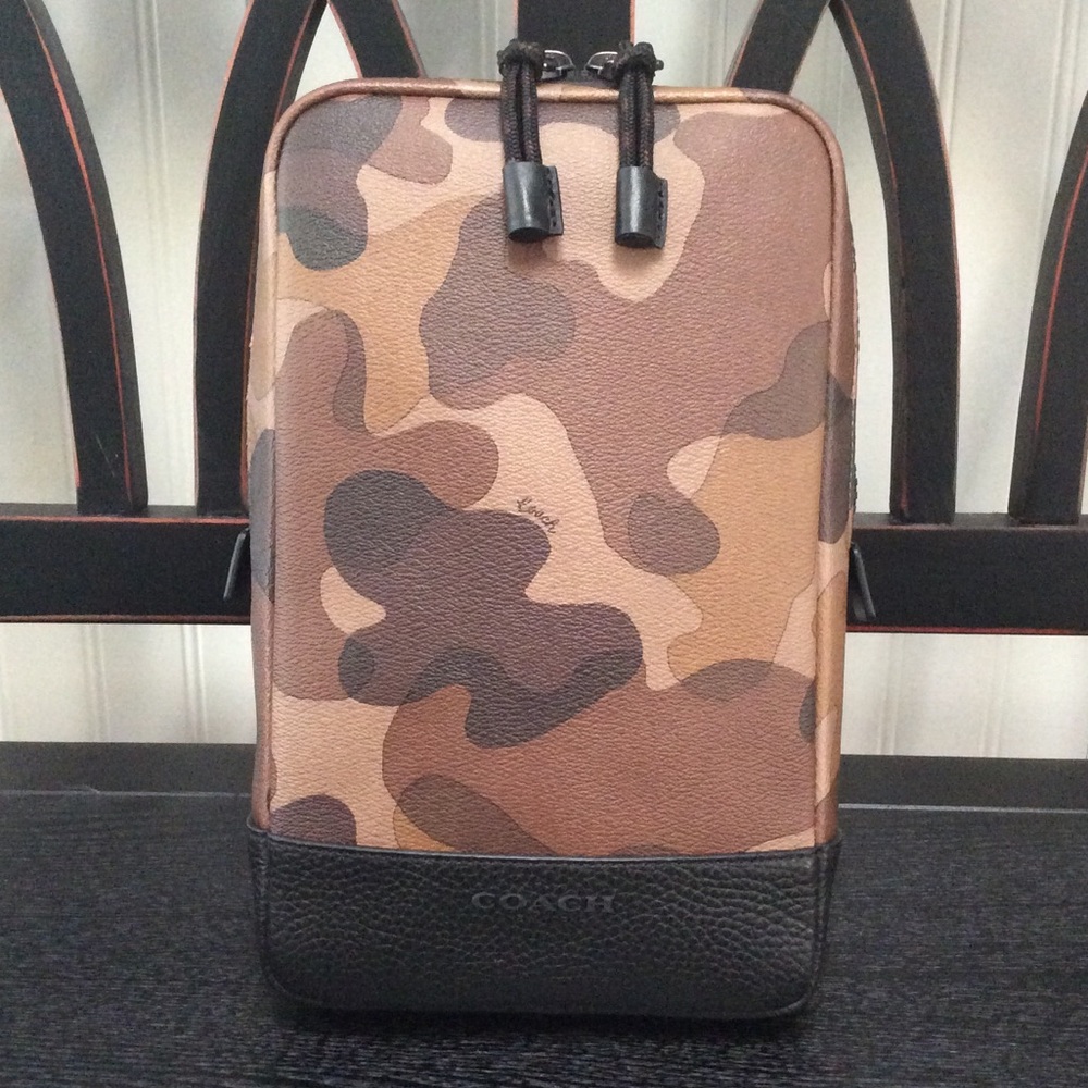Coach Men’s Camo Crossbody Sling Bag in Brown and Black